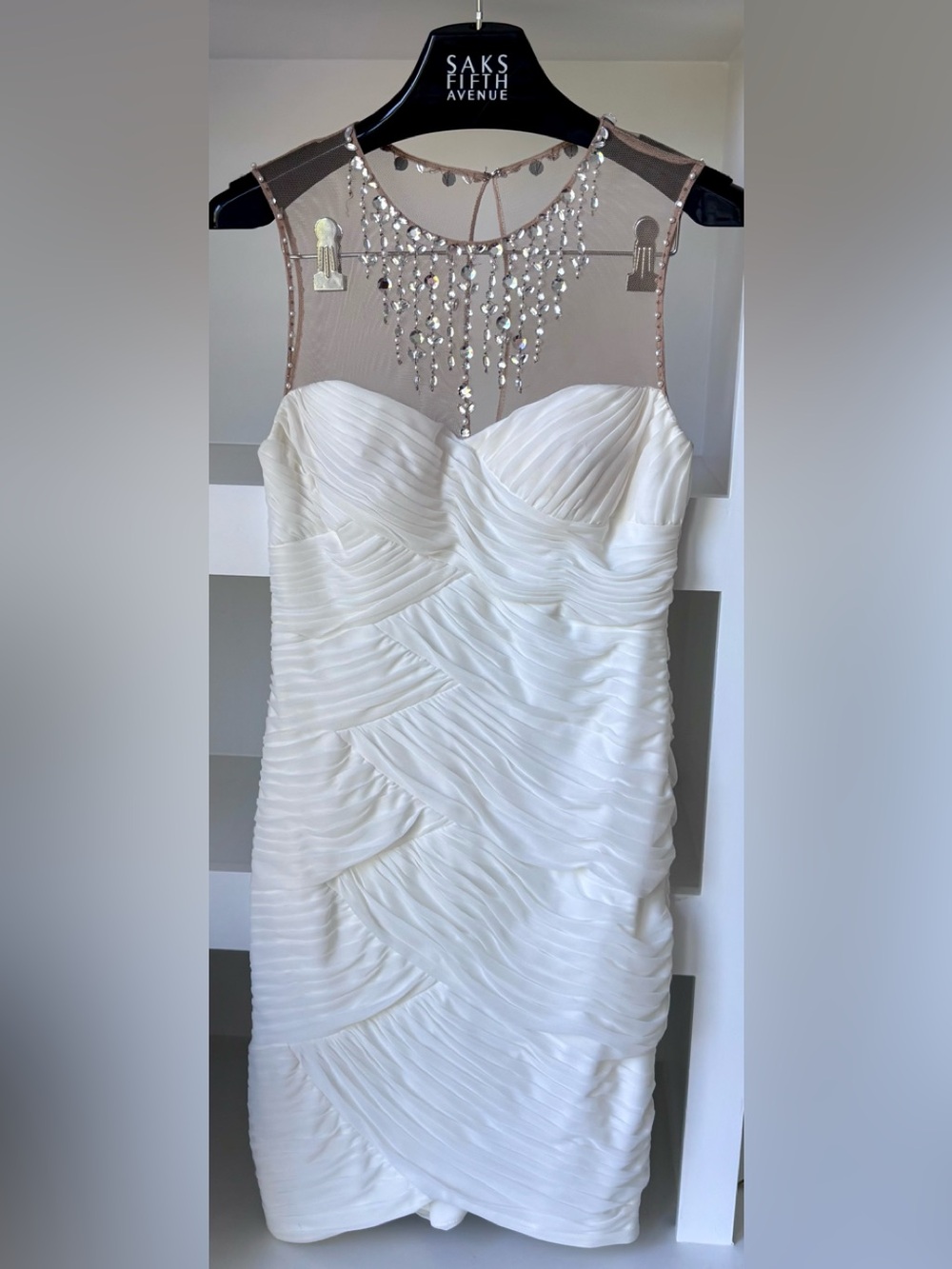 Y2K Cache White Strapless Ruched Cocktail Dress with Beaded Illusion Yoke